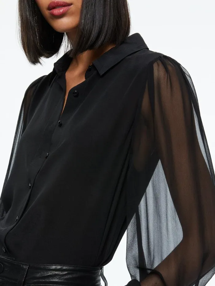Alice Olivia ROANNE BLOUSON SLEEVE BUTTON DOWN Black Women Tops