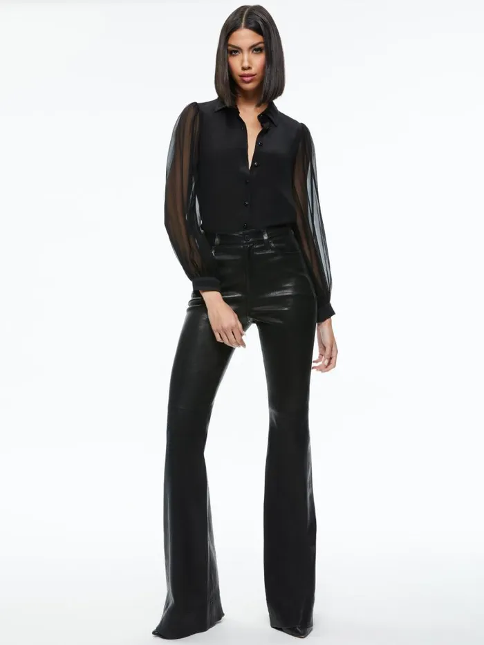 Alice Olivia ROANNE BLOUSON SLEEVE BUTTON DOWN Black Women Tops