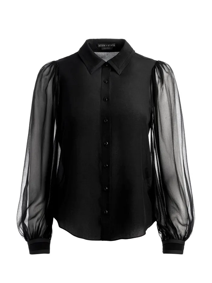 Alice Olivia ROANNE BLOUSON SLEEVE BUTTON DOWN Black Women Tops