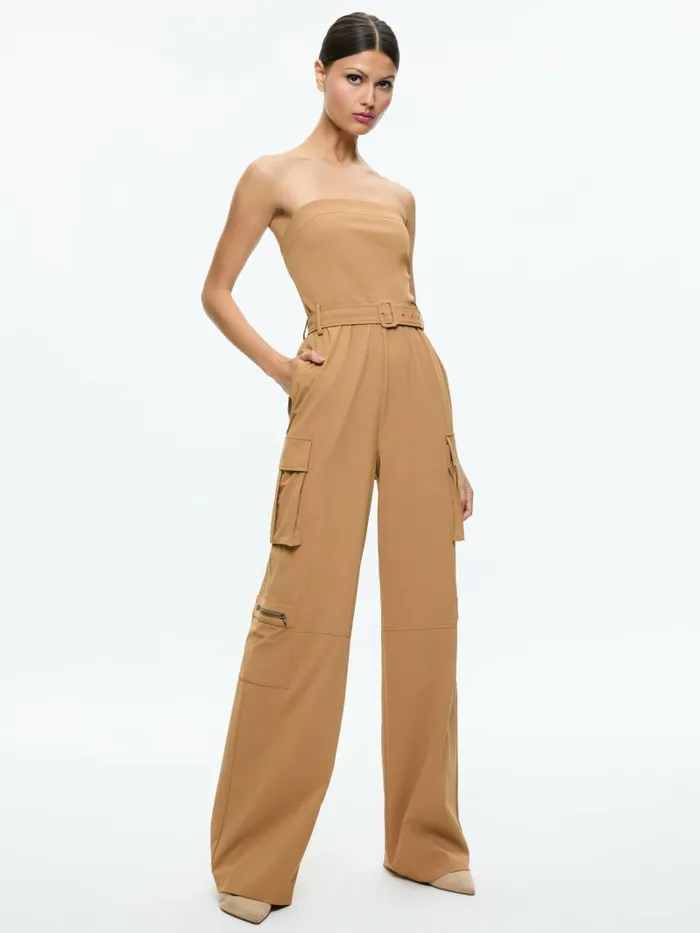 Alice Olivia SACHIKO STRAPLESS CARGO JUMPSUIT Tan Women Jumpsuits Rompers