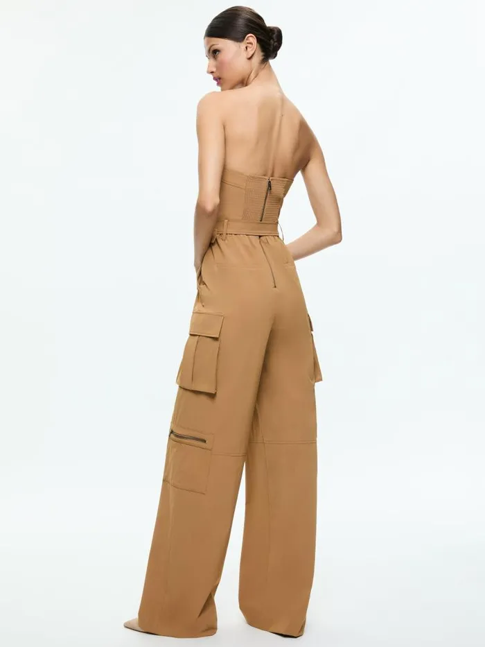 Alice Olivia SACHIKO STRAPLESS CARGO JUMPSUIT Tan Women Jumpsuits Rompers