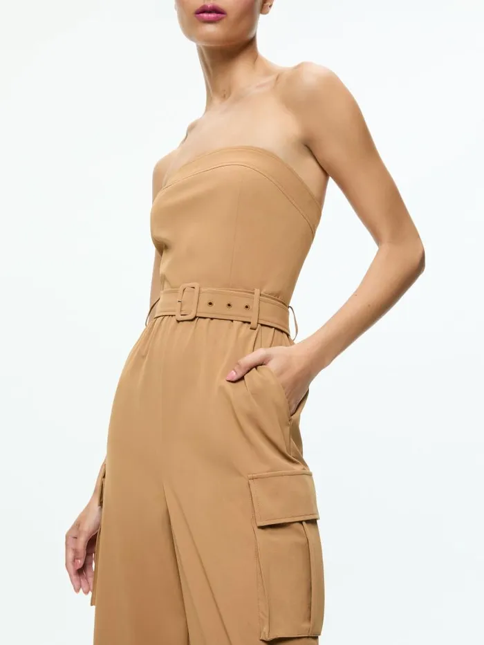 Alice Olivia SACHIKO STRAPLESS CARGO JUMPSUIT Tan Women Jumpsuits Rompers
