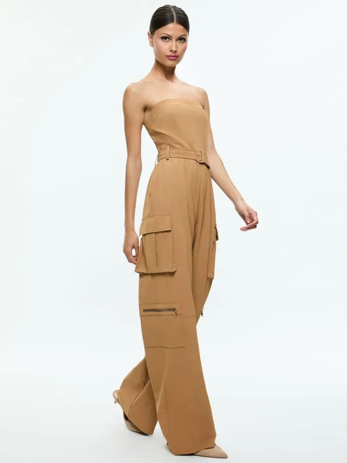 Alice Olivia SACHIKO STRAPLESS CARGO JUMPSUIT Tan Women Jumpsuits Rompers
