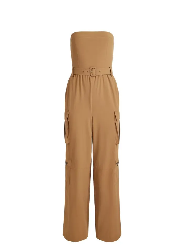 Alice Olivia SACHIKO STRAPLESS CARGO JUMPSUIT Tan Women Jumpsuits Rompers