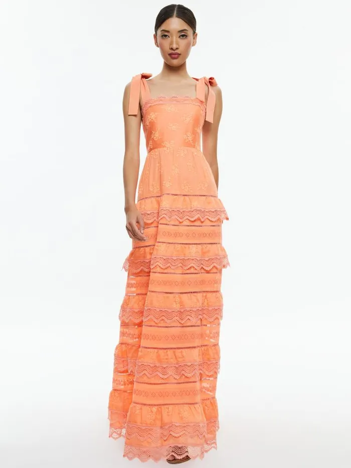 Alice Olivia VEGA SLEEVELESS TIERED MAXI DRESS Coral Women Dresses