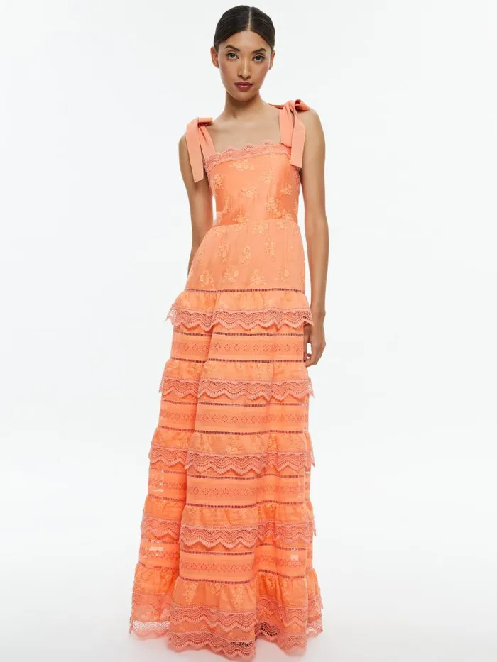 Alice Olivia VEGA SLEEVELESS TIERED MAXI DRESS Coral Women Dresses