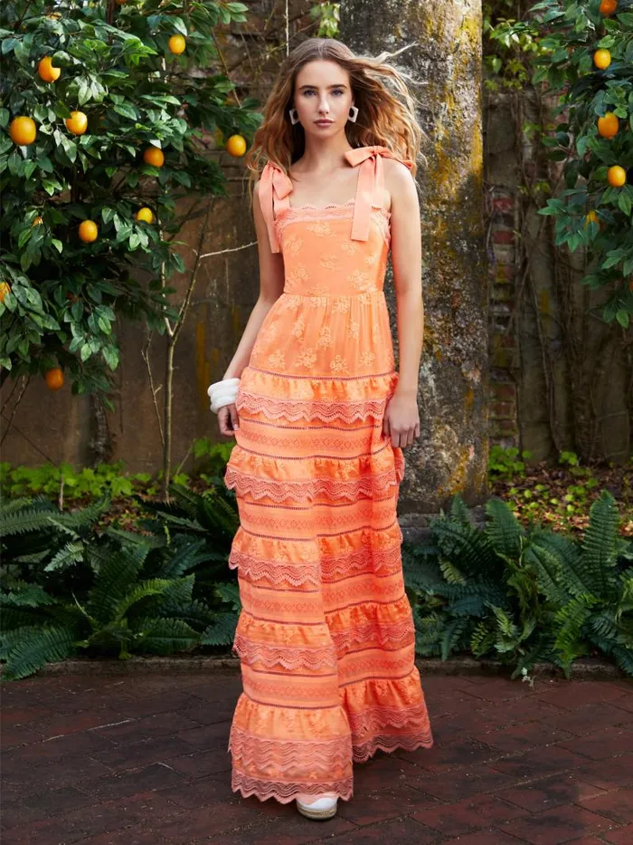 Alice Olivia VEGA SLEEVELESS TIERED MAXI DRESS Coral Women Dresses