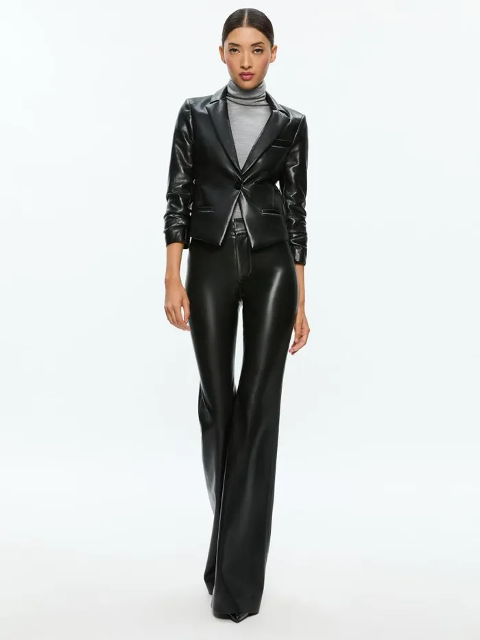 Alice Olivia VINNIE RUCHED SLEEVE VEGAN LEATHER FITTED BLAZER Black Women Jackets Coats