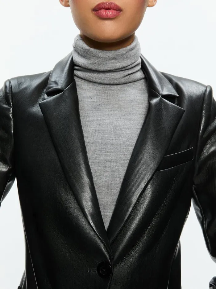Alice Olivia VINNIE RUCHED SLEEVE VEGAN LEATHER FITTED BLAZER Black Women Jackets Coats