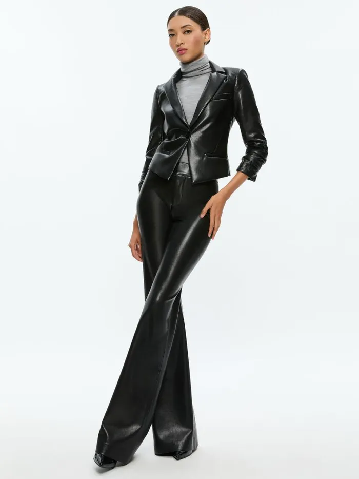 Alice Olivia VINNIE RUCHED SLEEVE VEGAN LEATHER FITTED BLAZER Black Women Jackets Coats