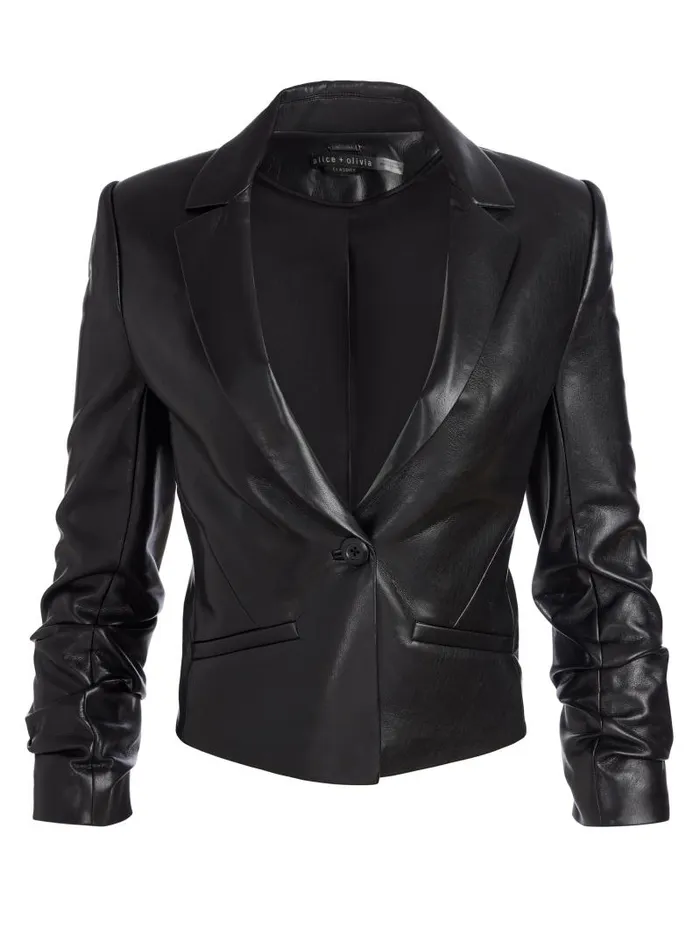 Alice Olivia VINNIE RUCHED SLEEVE VEGAN LEATHER FITTED BLAZER Black Women Jackets Coats
