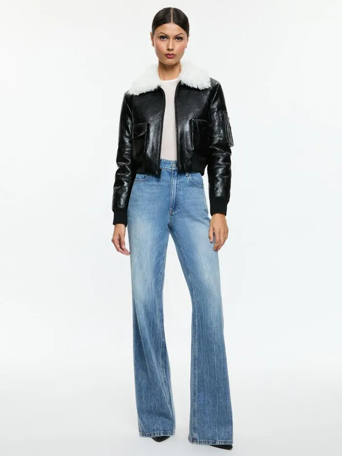 Alice Olivia WILLARD VEGAN AVIATOR FAUX FUR COLLAR JACKET Black Women Jackets Coats