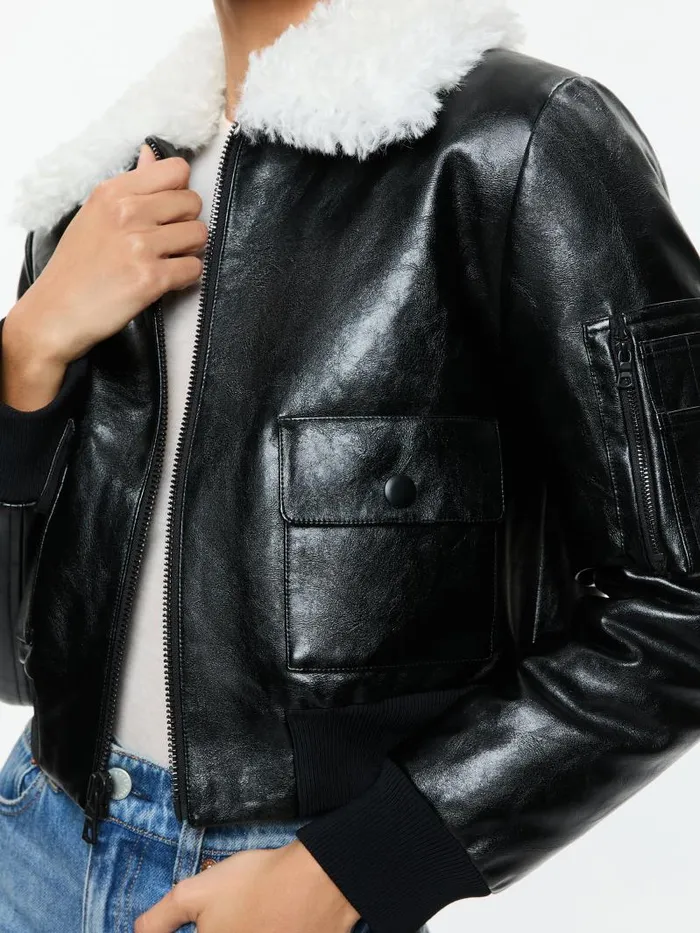 Alice Olivia WILLARD VEGAN AVIATOR FAUX FUR COLLAR JACKET Black Women Jackets Coats