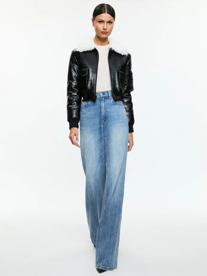 Alice Olivia WILLARD VEGAN AVIATOR FAUX FUR COLLAR JACKET Black Women Jackets Coats