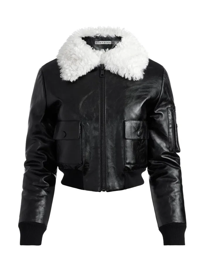 Alice Olivia WILLARD VEGAN AVIATOR FAUX FUR COLLAR JACKET Black Women Jackets Coats