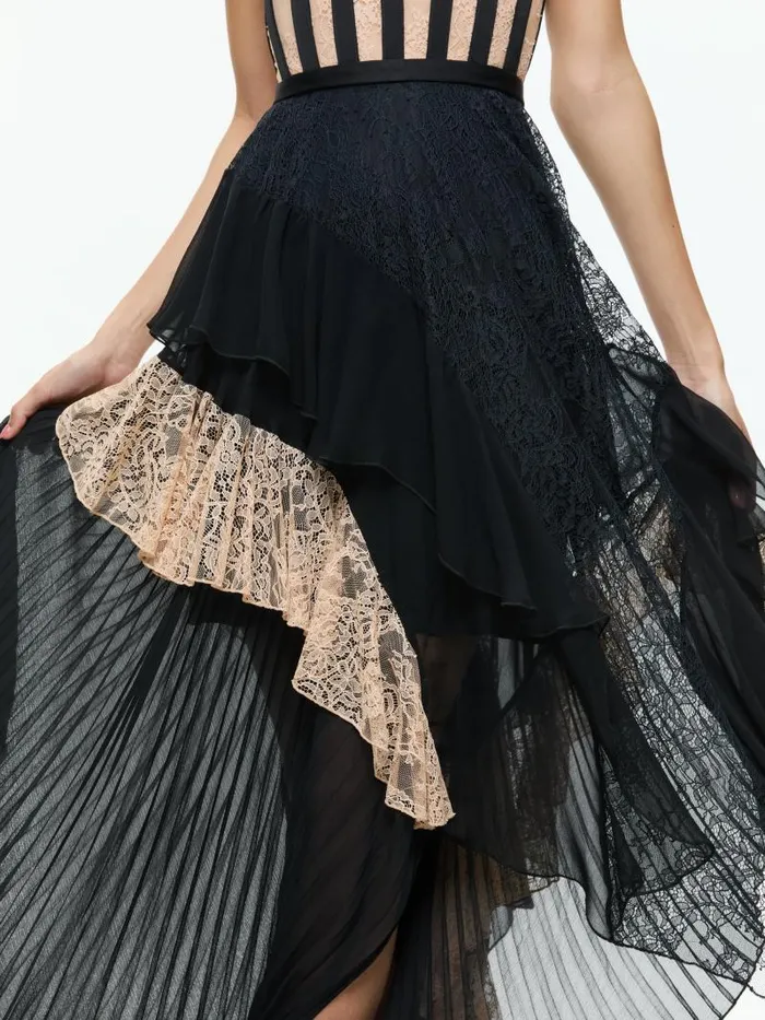 Alice Olivia ZAYA BUSTIER RUFFLE MAXI DRESS Blackalmond Women Dresses