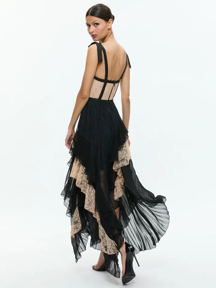 Alice Olivia ZAYA BUSTIER RUFFLE MAXI DRESS Blackalmond Women Dresses