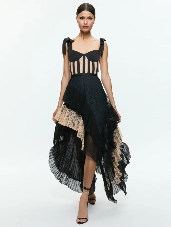 Alice Olivia ZAYA BUSTIER RUFFLE MAXI DRESS Blackalmond Women Dresses