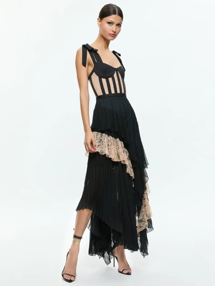 Alice Olivia ZAYA BUSTIER RUFFLE MAXI DRESS Blackalmond Women Dresses