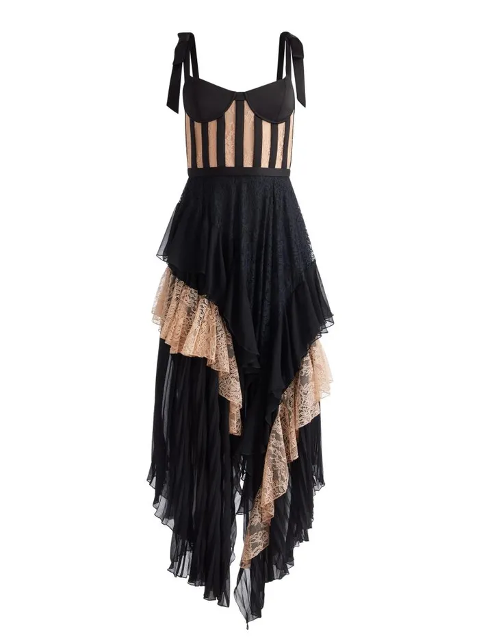 Alice Olivia ZAYA BUSTIER RUFFLE MAXI DRESS Blackalmond Women Dresses