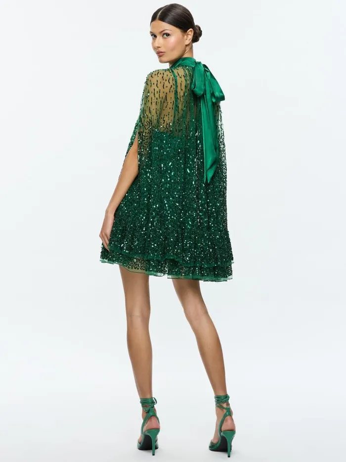 Alice Olivia ZENON EMBELLISHED CAPE MINI DRESS Blacksilver Women Dresses