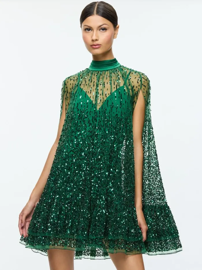 Alice Olivia ZENON EMBELLISHED CAPE MINI DRESS Blacksilver Women Dresses