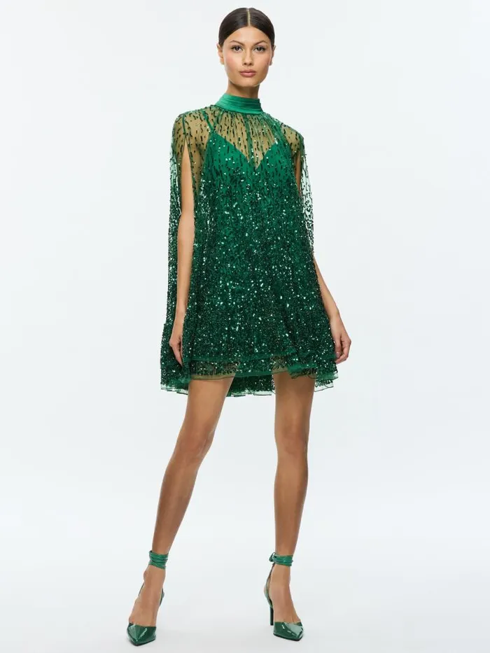 Alice Olivia ZENON EMBELLISHED CAPE MINI DRESS Blacksilver Women Dresses
