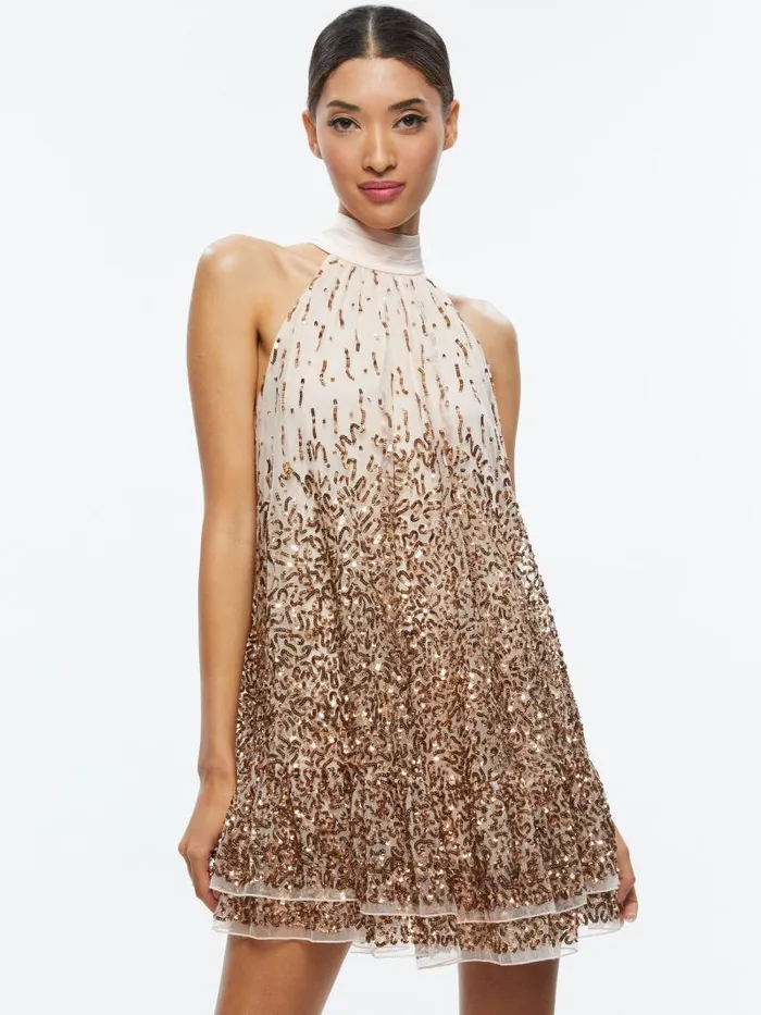 Alice Olivia ZENON EMBELLISHED MINI DRESS Pearl Blushrose Gold Women Dresses
