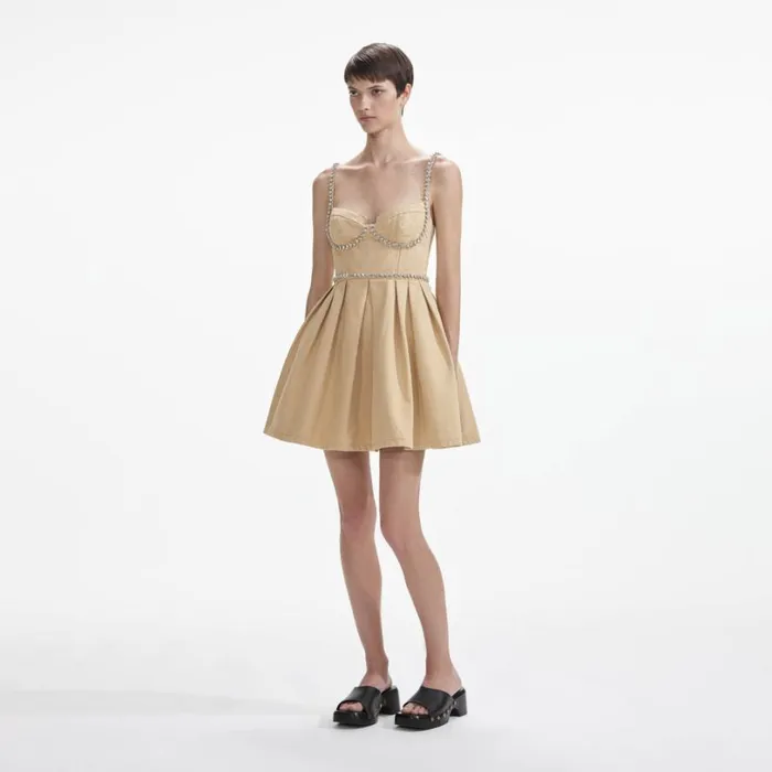 Beige Diamante Denim Mini Dress Women Self Portrait Dresses Beige Diamante Denim Mini Dress Women Self Portrait Dresses
