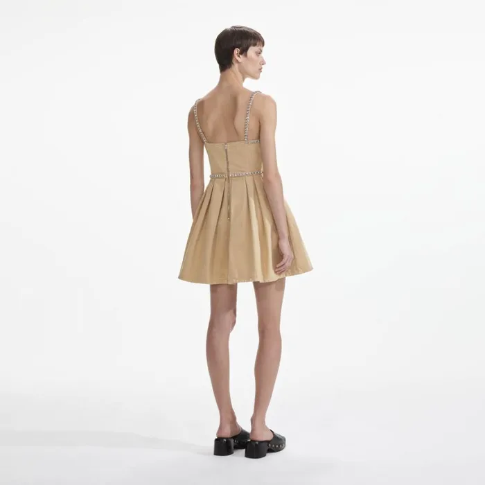 Beige Diamante Denim Mini Dress Women Self Portrait Dresses Beige Diamante Denim Mini Dress Women Self Portrait Dresses