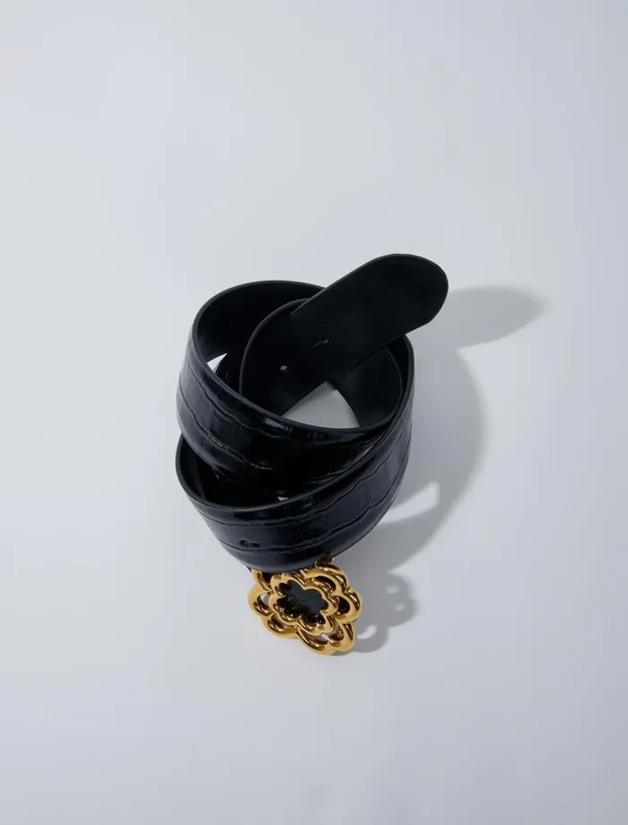Belts Women Maje CrocEffect Leather Double M Belt Black