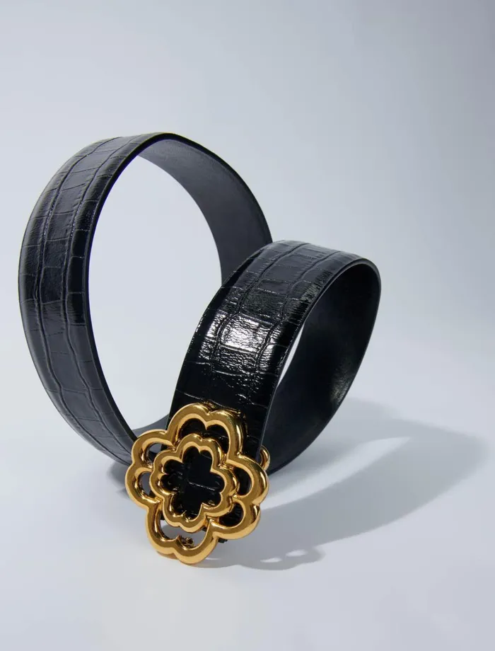 Belts Women Maje CrocEffect Leather Double M Belt Black
