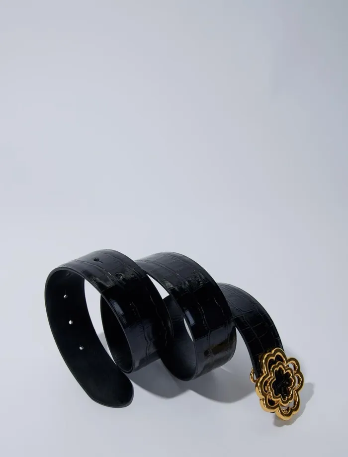 Belts Women Maje CrocEffect Leather Double M Belt Black