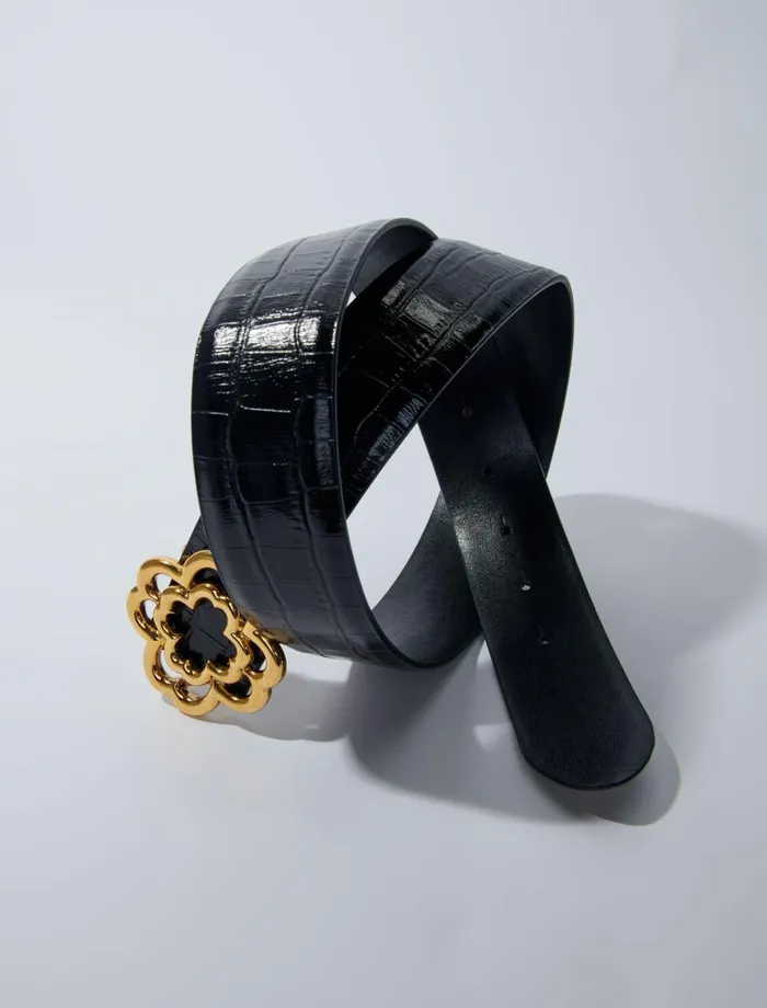 Belts Women Maje CrocEffect Leather Double M Belt Black
