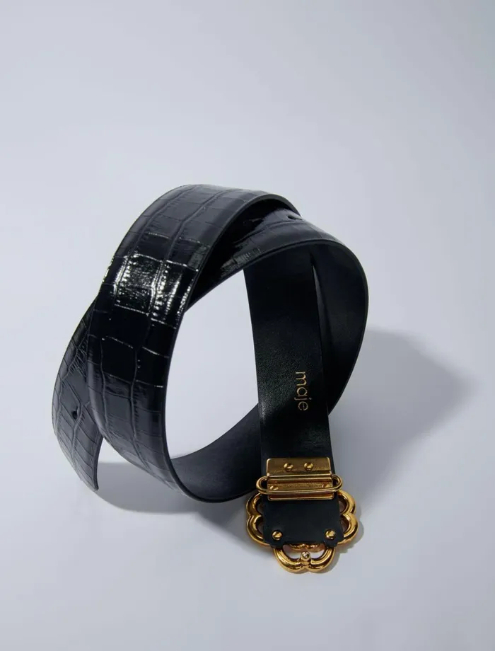 Belts Women Maje CrocEffect Leather Double M Belt Black