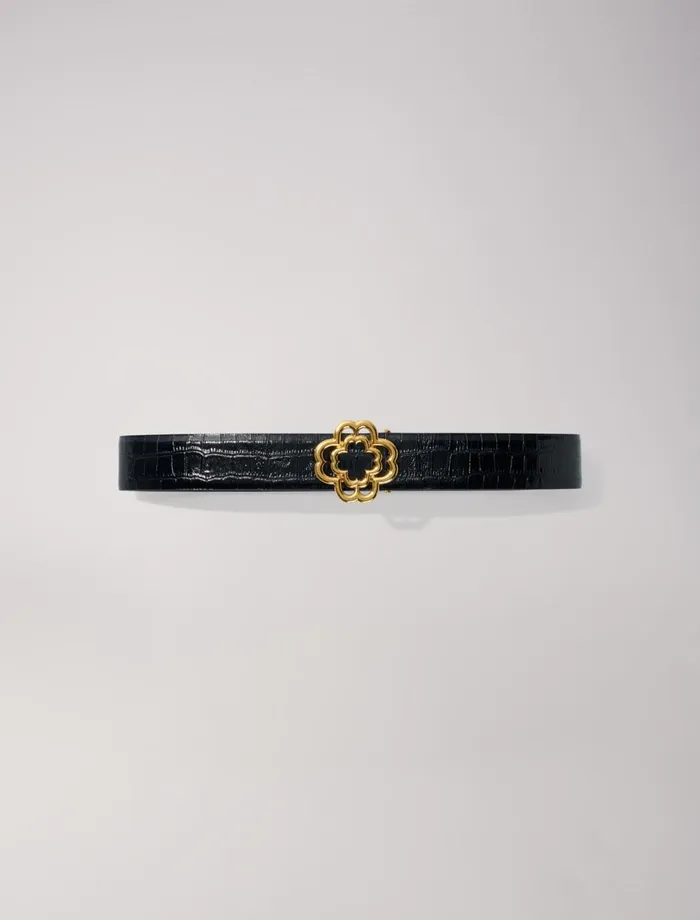 Belts Women Maje CrocEffect Leather Double M Belt Black