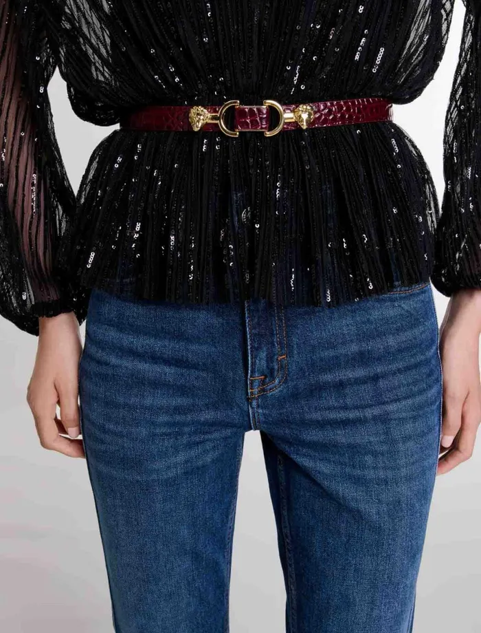 Belts Women Maje Thin Leather Belt With Lion Bit Burgundy
