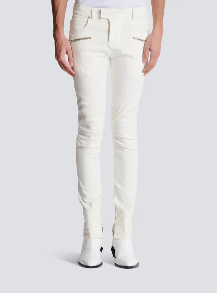 Biker Jeans In White Denim White Men Balmain Denim