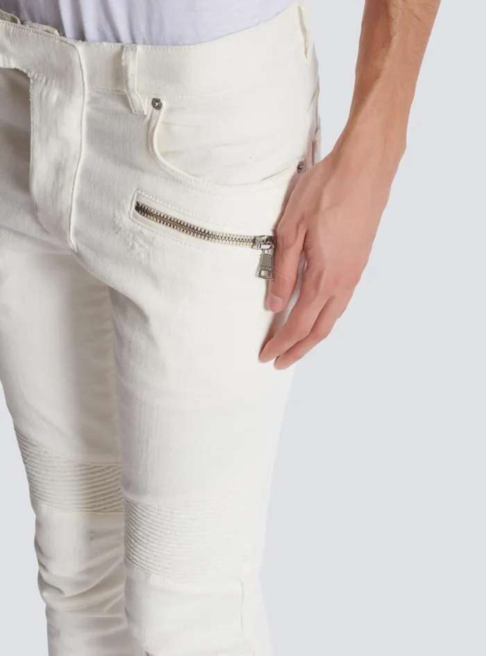 Biker Jeans In White Denim White Men Balmain Denim
