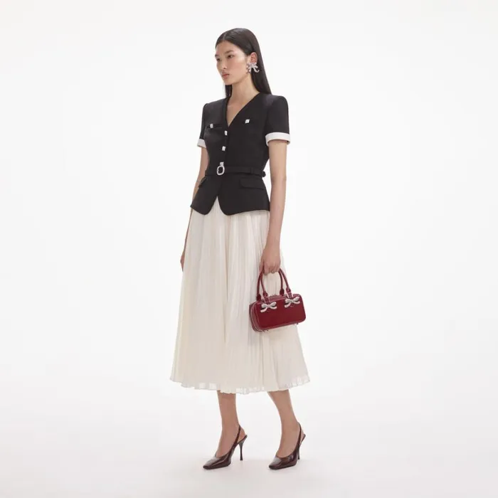 Black Crepe Contrast Chiffon Midi Dress Women Self Portrait Dresses