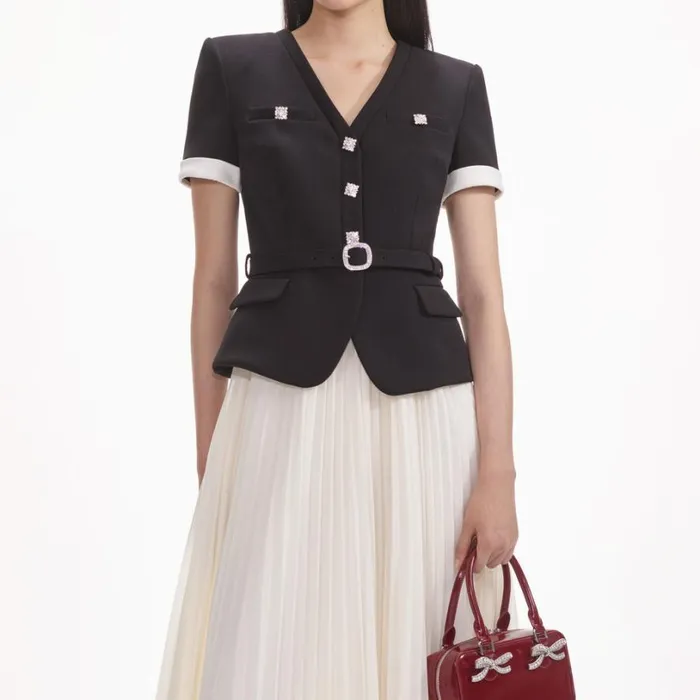 Black Crepe Contrast Chiffon Midi Dress Women Self Portrait Dresses