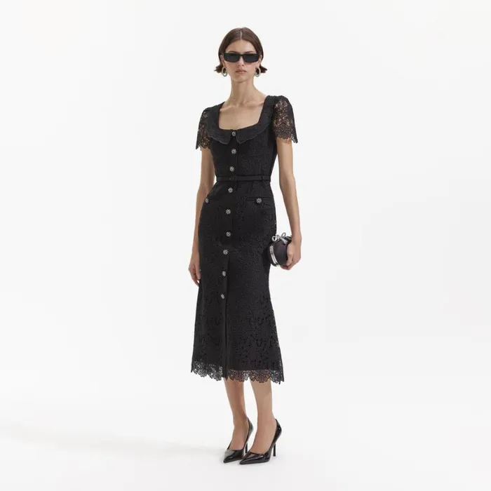 Black Guipure Lace Button Midi Dress Women Self Portrait Dresses Black Guipure Lace Button Midi Dress Women Self Portrait Dresses