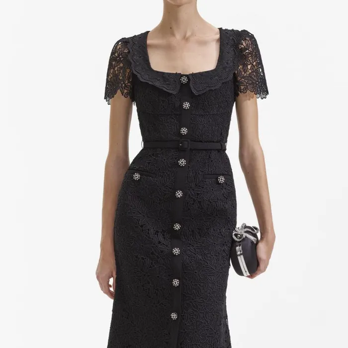 Black Guipure Lace Button Midi Dress Women Self Portrait Dresses Black Guipure Lace Button Midi Dress Women Self Portrait Dresses