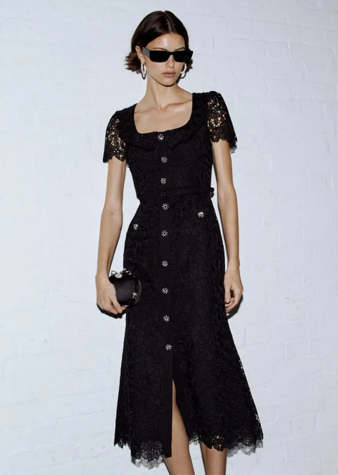 Black Guipure Lace Button Midi Dress Women Self Portrait Dresses Black Guipure Lace Button Midi Dress Women Self Portrait Dresses