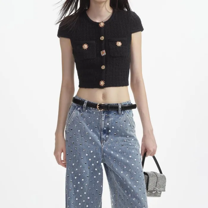 Black Jewel Button Knit Top Women Self Portrait Tops Black Jewel Button Knit Top Women Self Portrait Tops