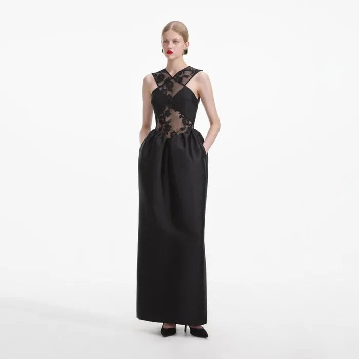 Black Lace Taffeta Maxi Dress Women Self Portrait Dresses Black Lace Taffeta Maxi Dress Women Self Portrait Dresses