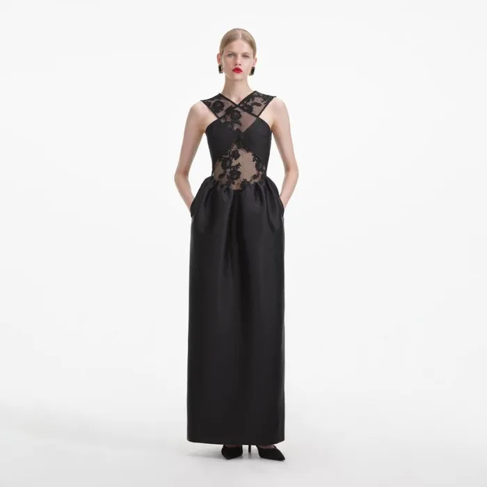 Black Lace Taffeta Maxi Dress Women Self Portrait Dresses Black Lace Taffeta Maxi Dress Women Self Portrait Dresses
