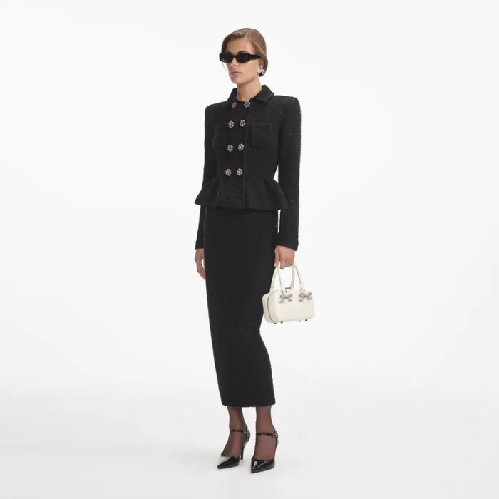Black Textured Knit Peplum Midi Dress Women Self Portrait Dresses Black Textured Knit Peplum Midi Dress Women Self Portrait Dresses