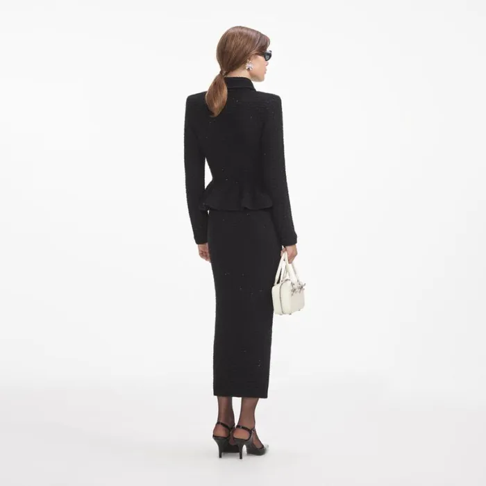Black Textured Knit Peplum Midi Dress Women Self Portrait Dresses Black Textured Knit Peplum Midi Dress Women Self Portrait Dresses