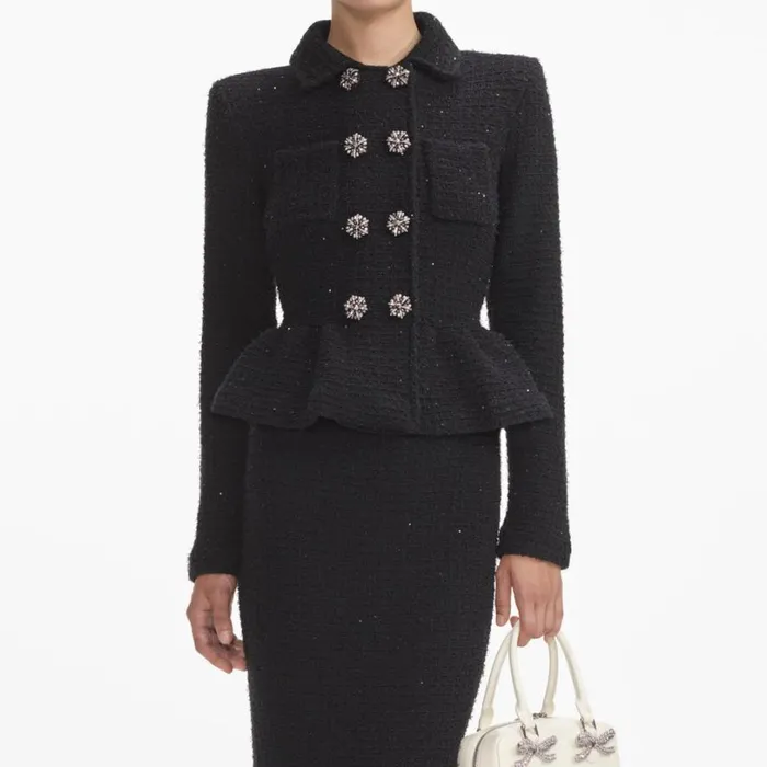Black Textured Knit Peplum Midi Dress Women Self Portrait Dresses Black Textured Knit Peplum Midi Dress Women Self Portrait Dresses